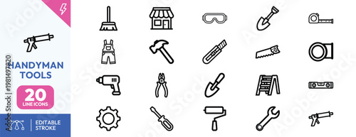 Set of professional black line icons representing home repair maintenance construction and handyman service equipment