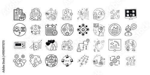 Collection of diverse icons representing various modern business and technology concepts