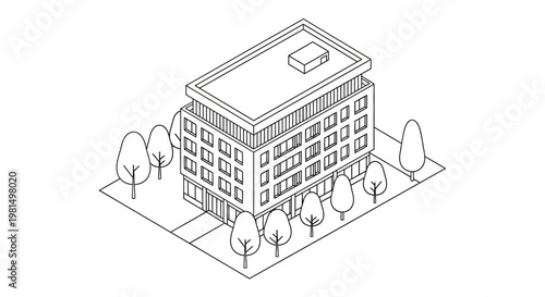 Isometric line drawing of a modern multi-story building with trees and sidewalk.