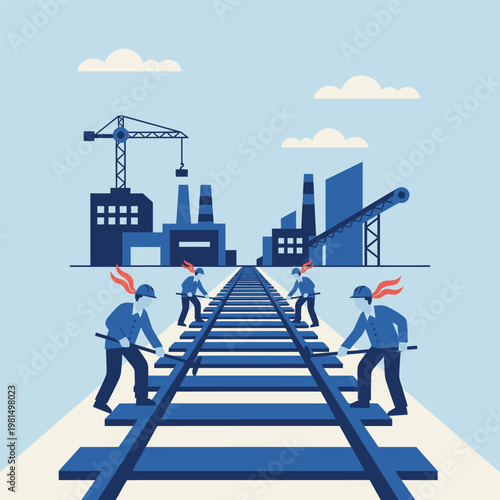 Workers Building Railroad Tracks Towards Industrial Factory Landscape.