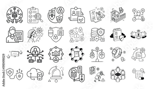 Collection of icons representing various technology, security, and business concepts