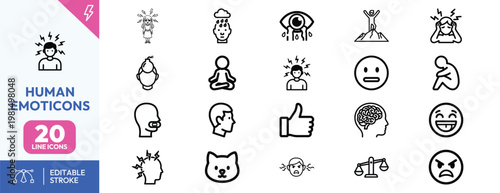 Collection of linear icons illustrating diverse human emotions mental health conditions and various psychological feelings