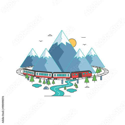 Scenic mountain train journey illustration.