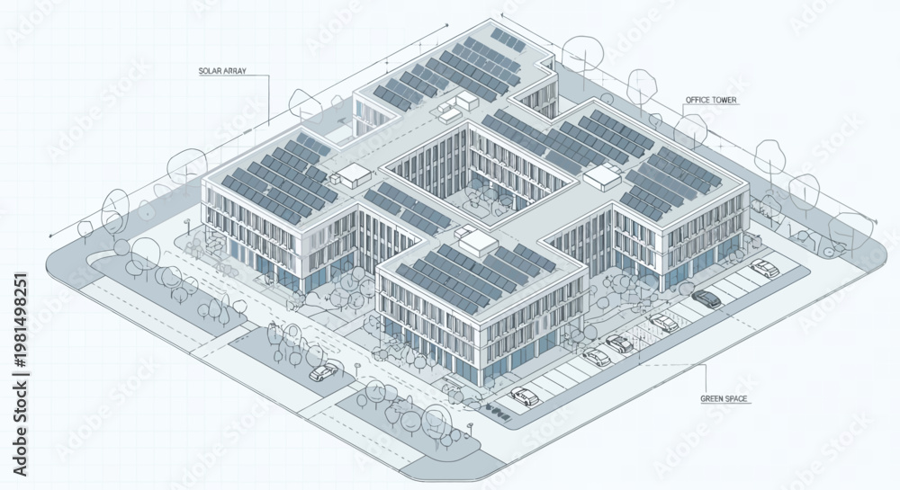 Fototapeta premium Isometric architectural drawing of a modern building complex with solar panels on roofs, surrounded by roads and parking.