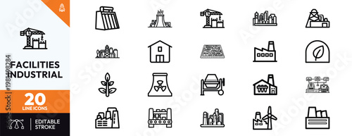 Comprehensive icon set of industrial facilities manufacturing plants power stations and green energy sources