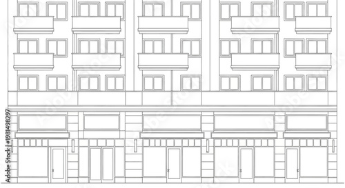 Detailed line drawing of an urban building facade with multiple floors, balconies, windows, and ground-level storefronts.