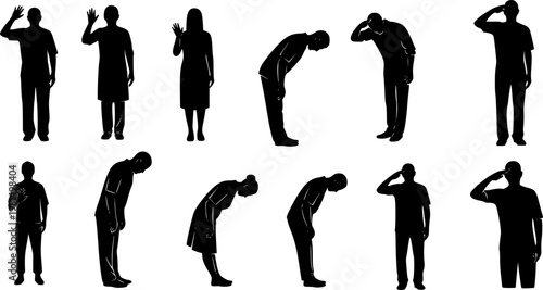 Collection of diverse silhouette figures showing various gestures and poses, including waving, bowing, and saluting.
