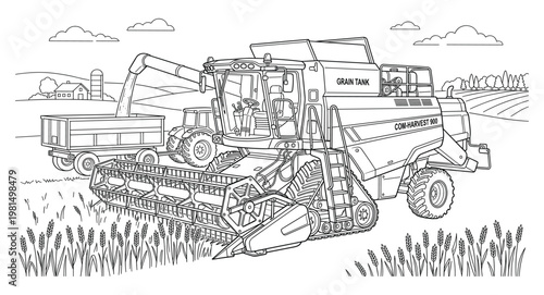 Combine harvester and tractor working in wheat field during harvest season