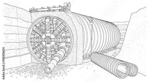 Detailed illustration of a tunnel boring machine constructing an underground passage, showing the cutter head and tunnel segments.