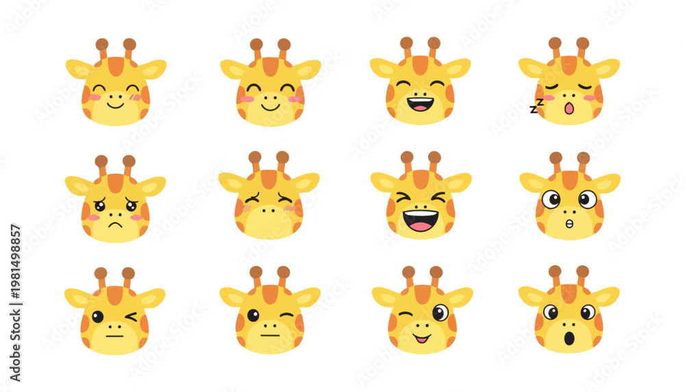 Fototapeta premium Cartoon giraffe head expressions set on black background