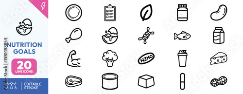 Professional set of minimalist line icons for healthy nutrition fitness dieting and muscle building goals.