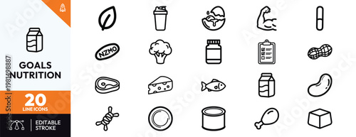 Minimalist linear icons representing healthy nutrition protein supplements and fitness goals for a balanced diet