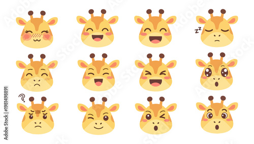 Cartoon giraffe heads expressing emotions isolated on black background