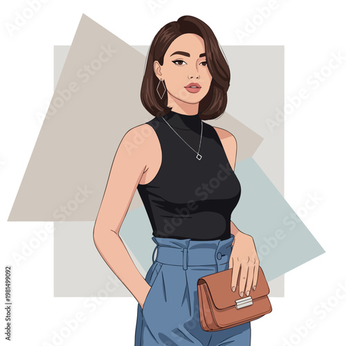 Stylish Woman with Shoulder Bag Wearing Casual Outfit in Modern Indoor Setting