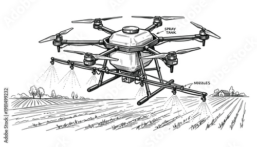 Farming drone with spray tank and nozzles spraying field with water, modern agriculture technology