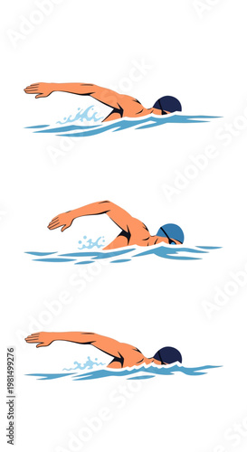 Swimmer performing freestyle stroke, showing arm movement and body rotation in water