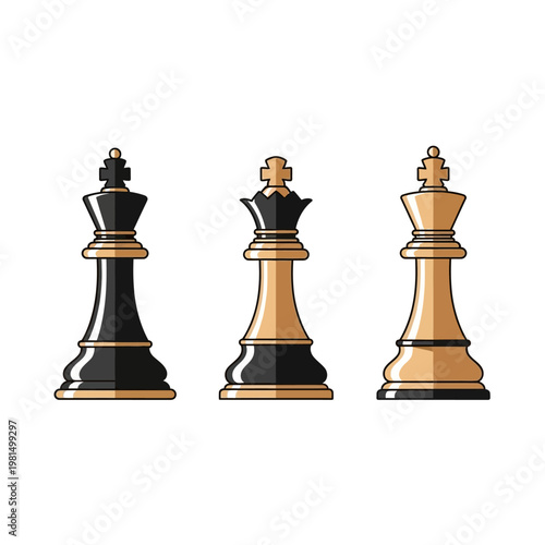 Three Chess Kings: Black and Gold Pieces on White Background, Strategy Game