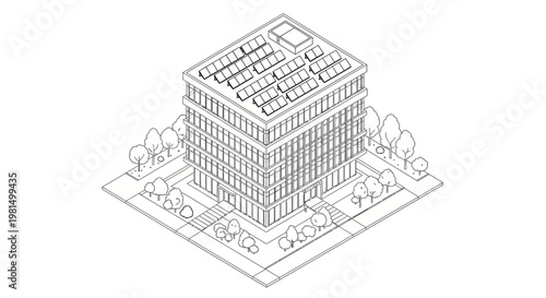 Isometric line drawing of a modern office building with solar panels on the roof, surrounded by trees and sidewalks.