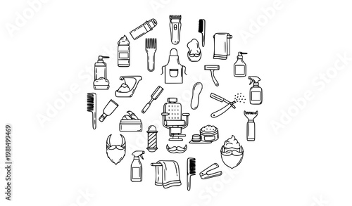 Modern Barbershop Monoline Icon Collection with Hair Salon Grooming Tools and Barber Service Symbols
