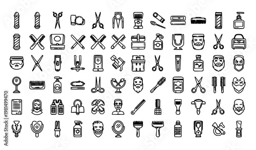 Professional Barbershop Icon Set with Bold Outline Hair Salon Tools and Grooming Service Symbols Collection