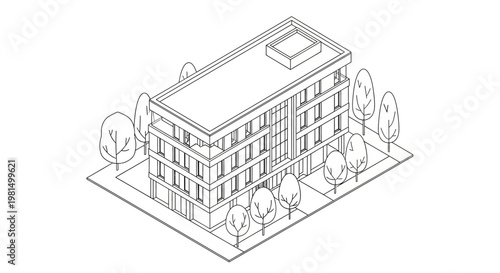 Isometric line drawing of a modern office building surrounded by trees and a sidewalk.