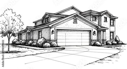 Detailed black and white line drawing of a modern two-story house with a large garage and landscaping.