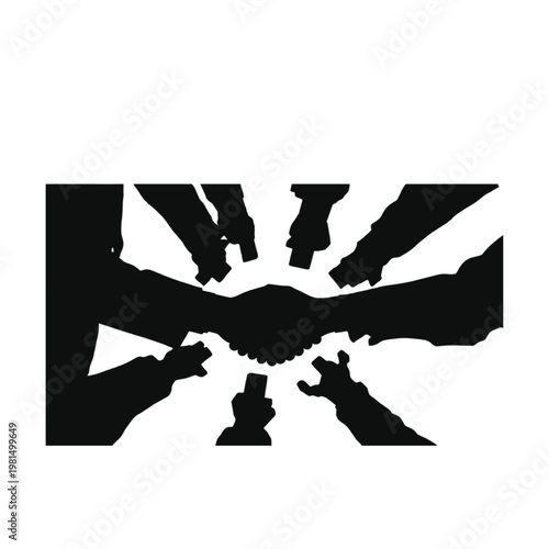 Handshake silhouette at the center is surrounded by multiple reaching arms and hands representing a collaborative team effort or a community agreement in a business context.