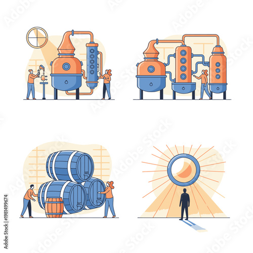 Distillery process illustration with workers and barrels.