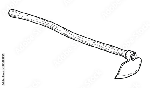 Gardening hoe with wooden handle isolated on white background