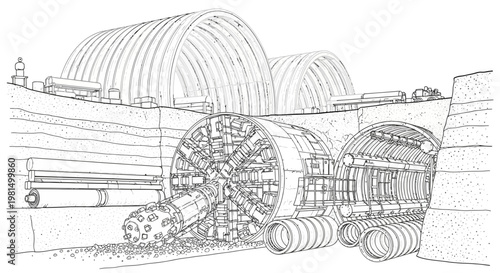 Detailed illustration of a tunnel boring machine excavating underground, showing construction process and tunnel segments.