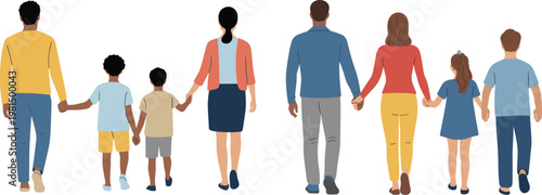 Back view of diverse families holding hands together including men women and children in flat vector cartoon style isolated on white