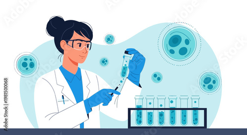 Scientist in Lab Coat Analyzing Test Tube with Bubbles, Microscopic Cells Background