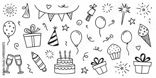 Doodle style collection of various celebration and party themed elements