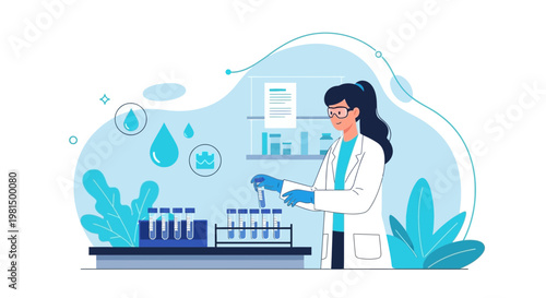 Scientist in Lab Coat Analyzing Test Tubes with Water Droplets and Plant Icons