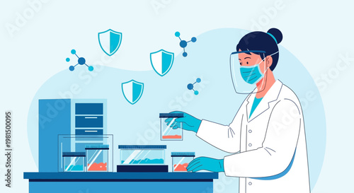 Scientist in lab coat and face shield conducts experiment with flasks and molecules