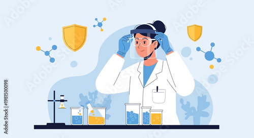 Scientist in lab coat and face shield, conducting research with beakers and molecular models
