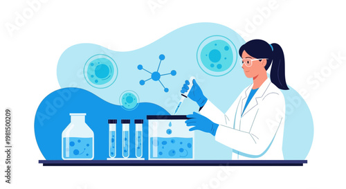 Scientist working in laboratory with test tubes and beakers, conducting research