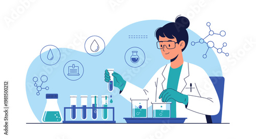 Scientist working in laboratory with test tubes and beakers, science research concept
