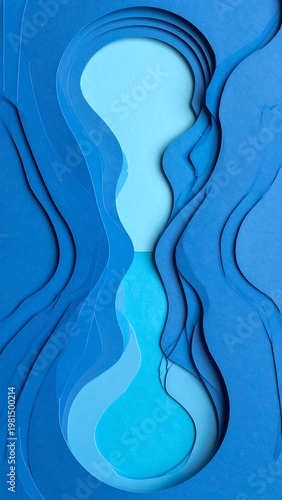 A blue abstract design with wavy lines and layered shapes
