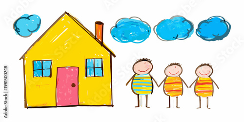 A colorful child s drawing of a house with a family standing outside