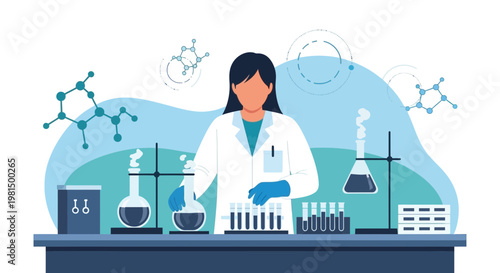 Scientist working in laboratory with test tubes and flasks, chemistry research concept