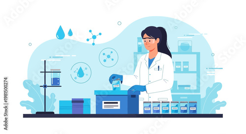 Scientist working in laboratory with test tubes and equipment, science research concept