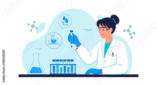 Scientist working in laboratory with test tubes and flasks, conducting research