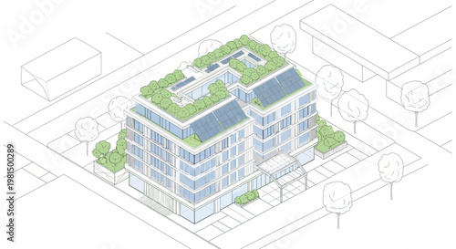 Isometric line drawing of a modern building with green roof and solar panels in an urban setting.