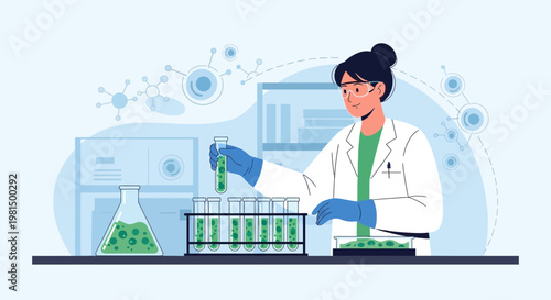 Scientist working in laboratory with test tubes and flasks, conducting research