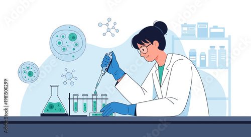 Scientist working in laboratory with test tubes and microscope, conducting research