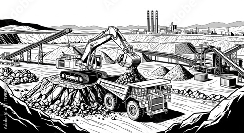 Heavy machinery excavating and loading rocks onto a large dump truck at a quarry.
