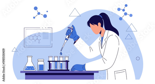 Scientist working in laboratory with test tubes and pipette, science research concept