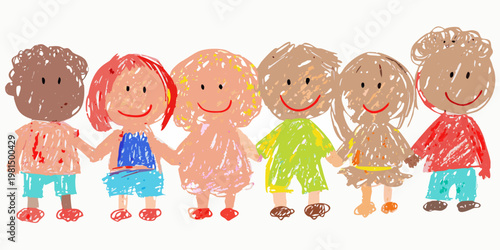 A colorful row of childlike drawings depicting a diverse group of people