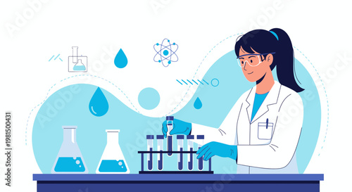 Scientist working in laboratory with test tubes, beakers, and scientific symbols